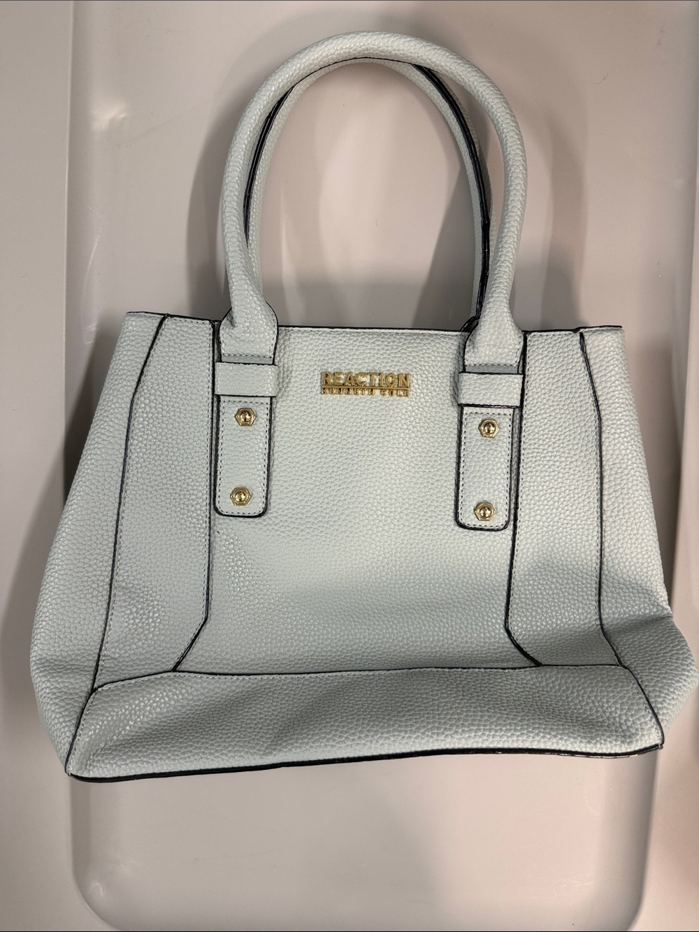 Reaction Kenneth Cole White Pebbled Top-Handle Tote with Gold Accents